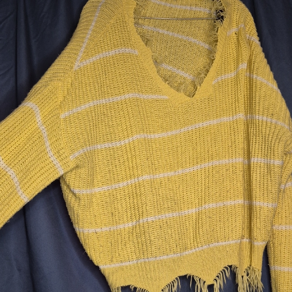 Rue21 Yellow and White Striped V-Neck Sweater
